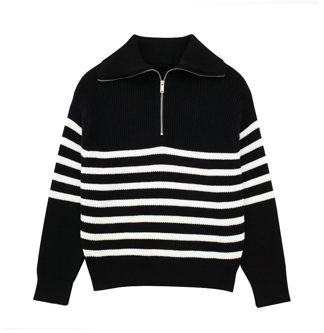 Levoire | Pull À Col Zippe Quart Noir avec des rayures blanches