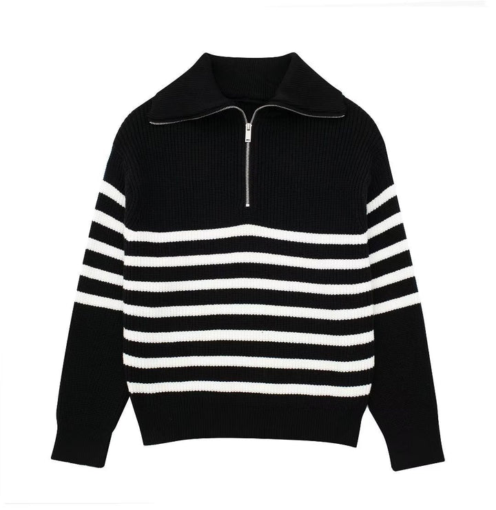 Levoire | Pull À Col Zippe Quart Noir avec des rayures blanches