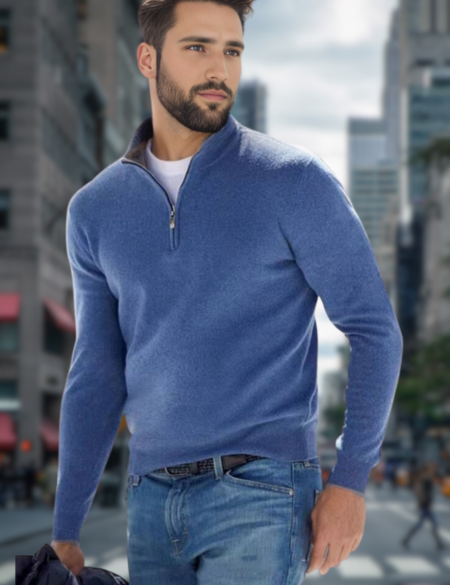 Levoire | Pull À Col En V Premium Avec Fermeture Éclair Pour Hommes Bleu