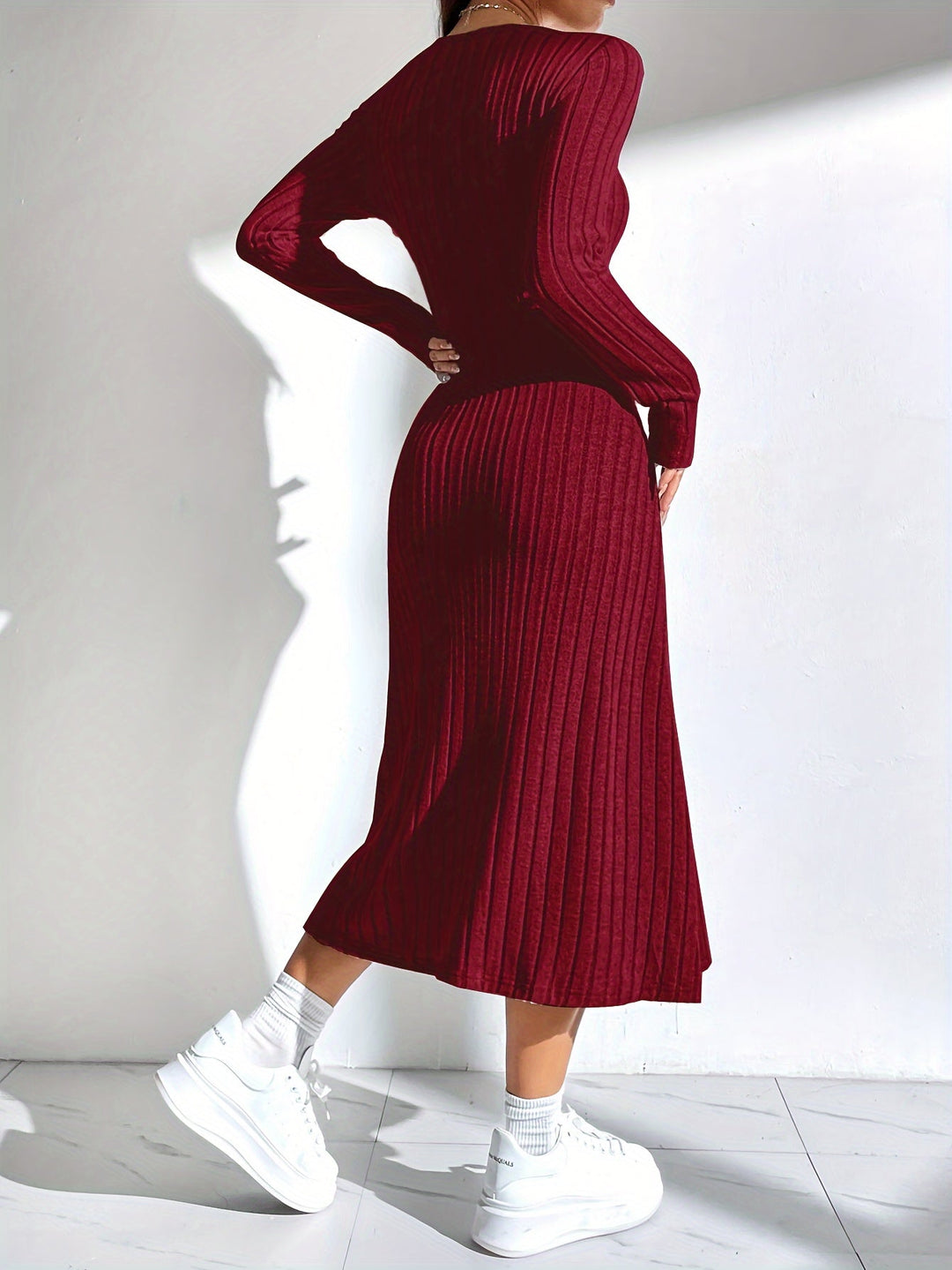 Levoire | Robe A-Ligne À Manches Longues Côtelée En Couleur Unie
