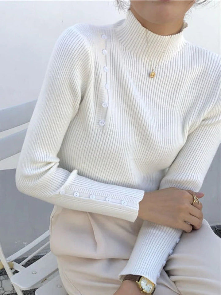Levoire | Pull Élégant Avec Boutons Décoratifs Et Col Montant Couleur crème Une taille