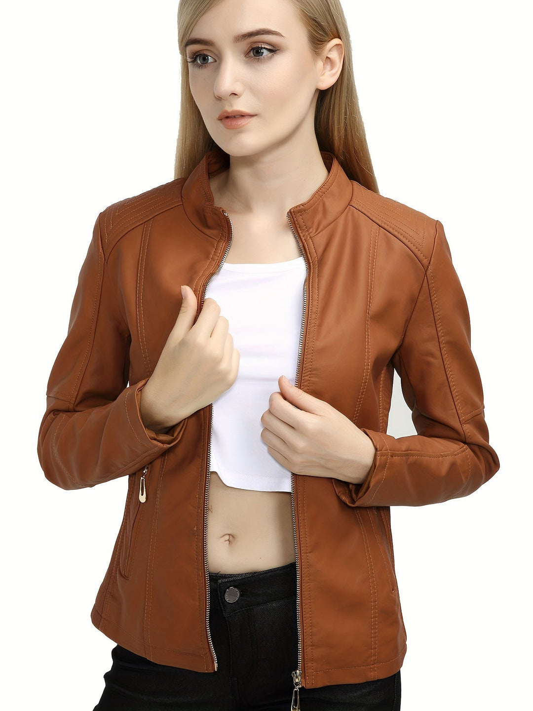 Levoire | Veste En Simili Cuir Décontractée Plus Size Pour Femmes Avec Fermeture Éclair Et Revers