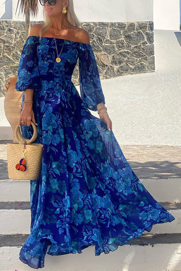 Levoire | Robe Maxi Off-Shoulder Florale Bleu