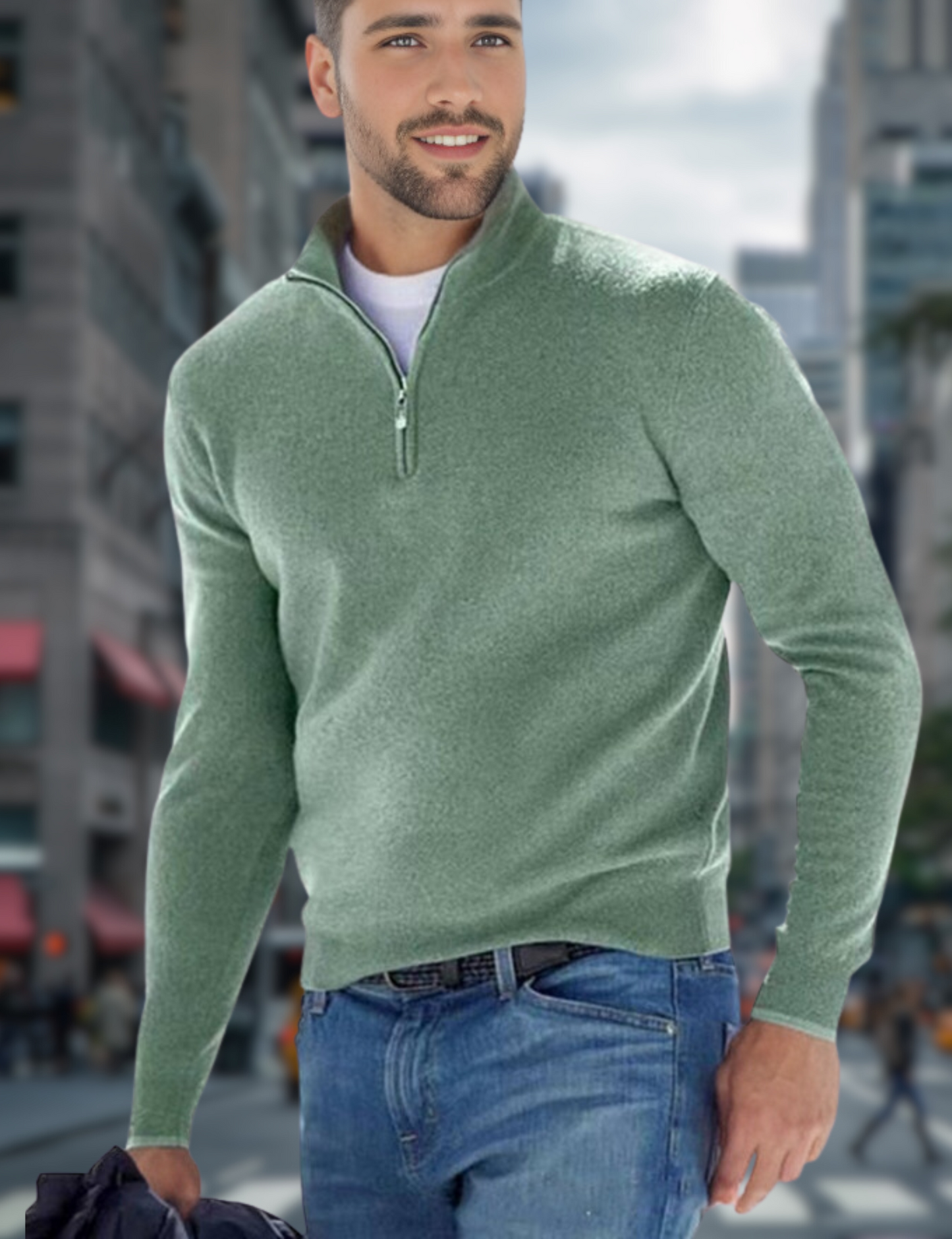 Levoire | Pull À Col En V Premium Avec Fermeture Éclair Pour Hommes Vert