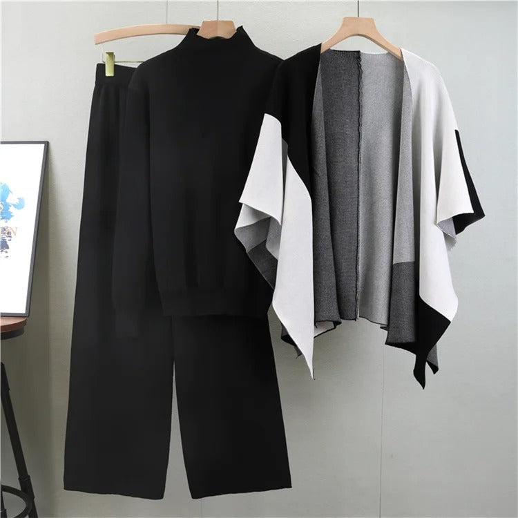 Levoire | Pull À Manches Longues, Châle Enveloppant Avec Pantalon Large, Ensemble Trois Pièces Noir Une taille convient à tous