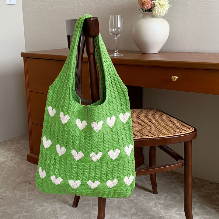 Levoire | Sac À Provisions Tricoté Fait Main Avec Motif Cœur Vert