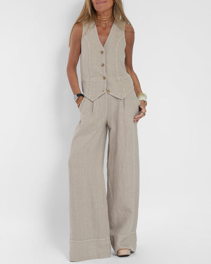 Levoire | Ensemble Élégant De Gilet En Lin Et Pantalon Large Abricot