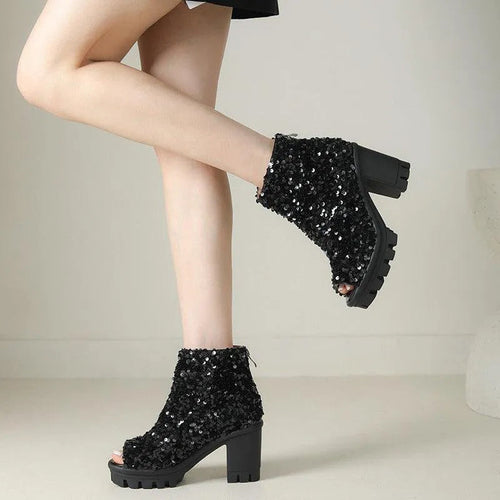 Levoire | Bottes pour femmes avec une haute fermeture éclair en tissu avec des paillettes et une haute plateforme