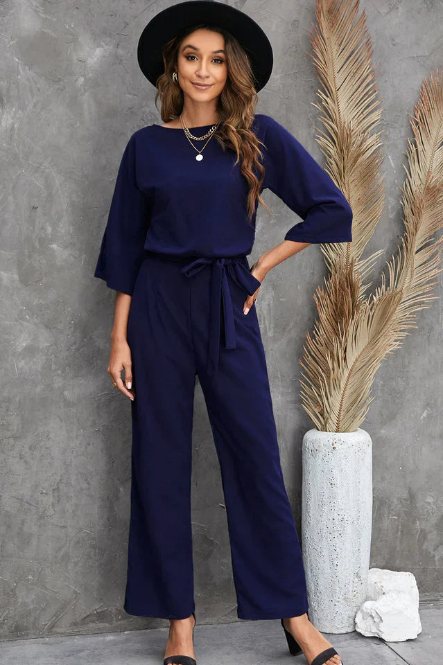 Levoire | Combinaison En Lin Pour Femmes Jambes Larges & Ceinture Bleu marine