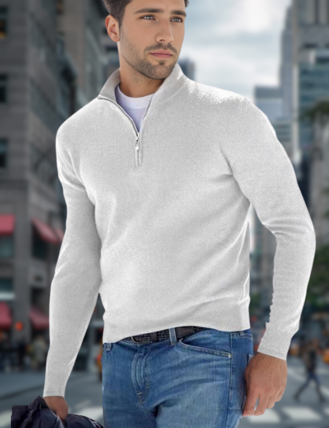 Levoire | Pull À Col En V Premium Avec Fermeture Éclair Pour Hommes Blanc