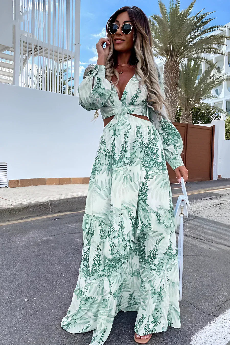 Levoire | Robe élégante à manches longues et décolleté en V imprimé Vert
