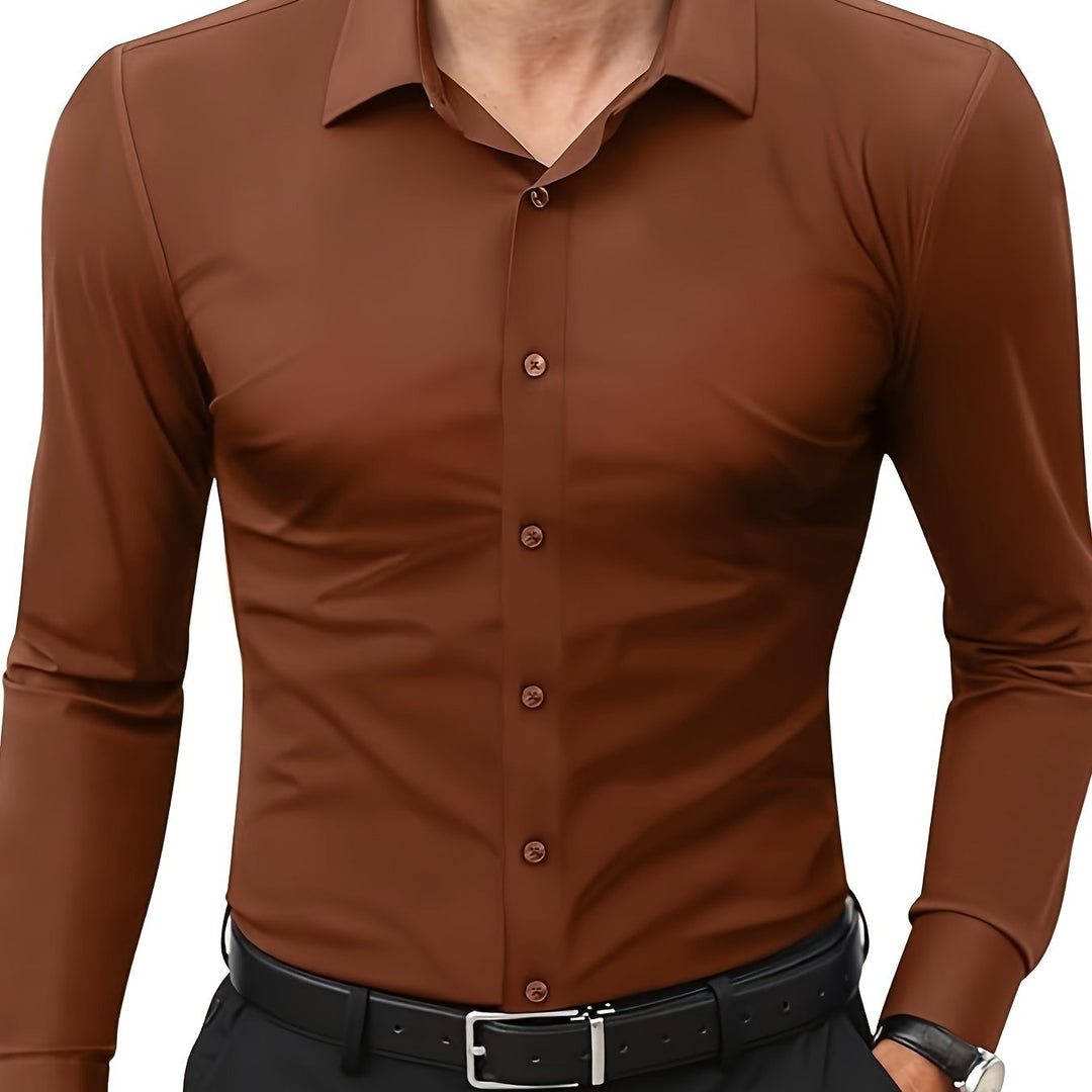 Levoire | Slim Fit Stretch Chemise Homme Boutonnée Marron foncé