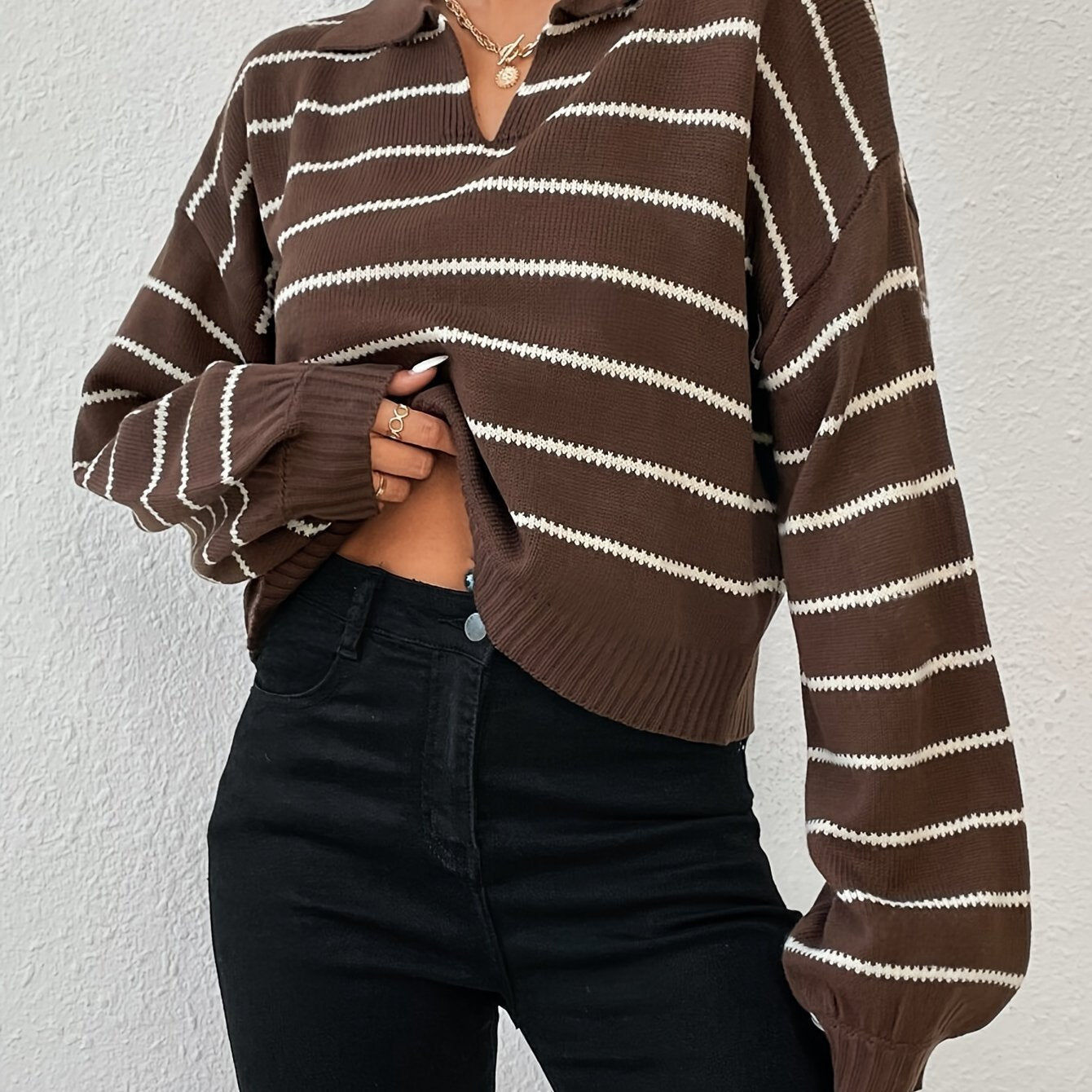 Levoire | Pull En Tricot Rayé Décontracté Avec Épaules Basses Et Manches Longues