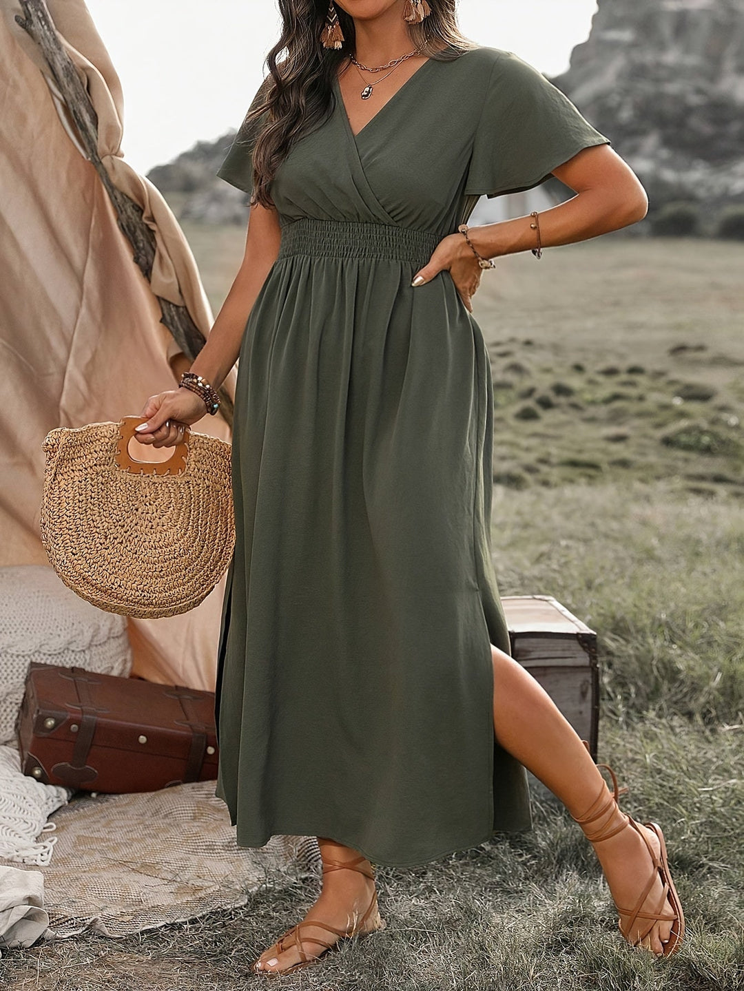 Levoire | Femme Robe plissée avec taille lacée Vert armée