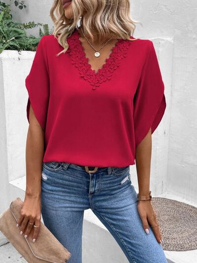 Levoire | Détail En Dentelle Blouse À Manches Demi-Longues En V Rouge profond