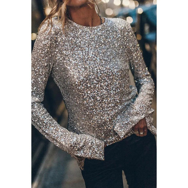 Levoire | Blouse à col rond en sequins à manches longues Argent