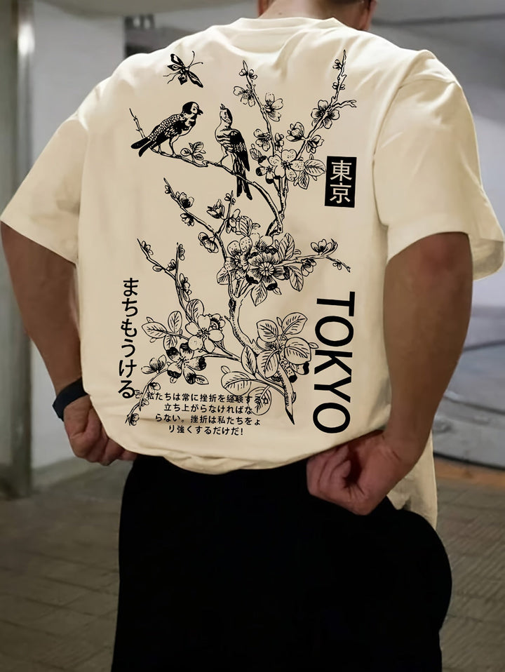 Levoire | T-Shirt Décontracté Pour Hommes Avec Motif Floral Et D'Oiseau Abricot