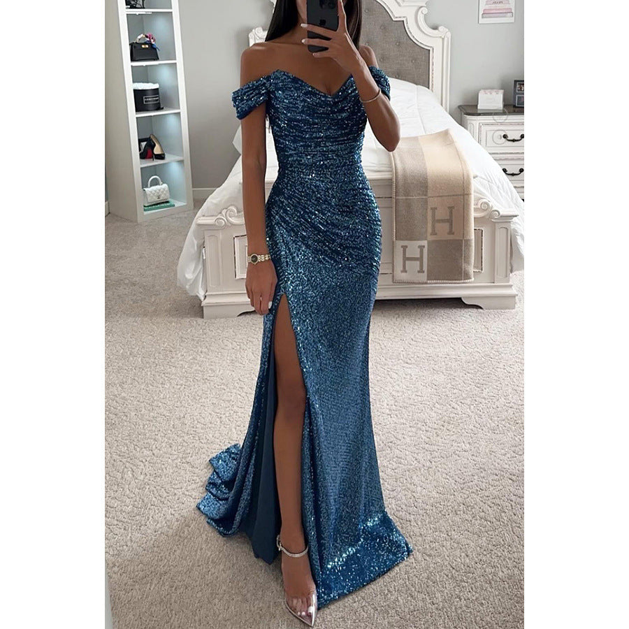 Levoire | Robe De Soire En Paillettes Avec Fente Bleu paon