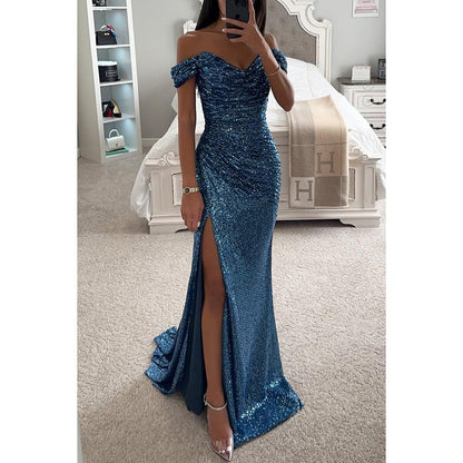 Levoire | Robe De Soire En Paillettes Avec Fente Bleu paon