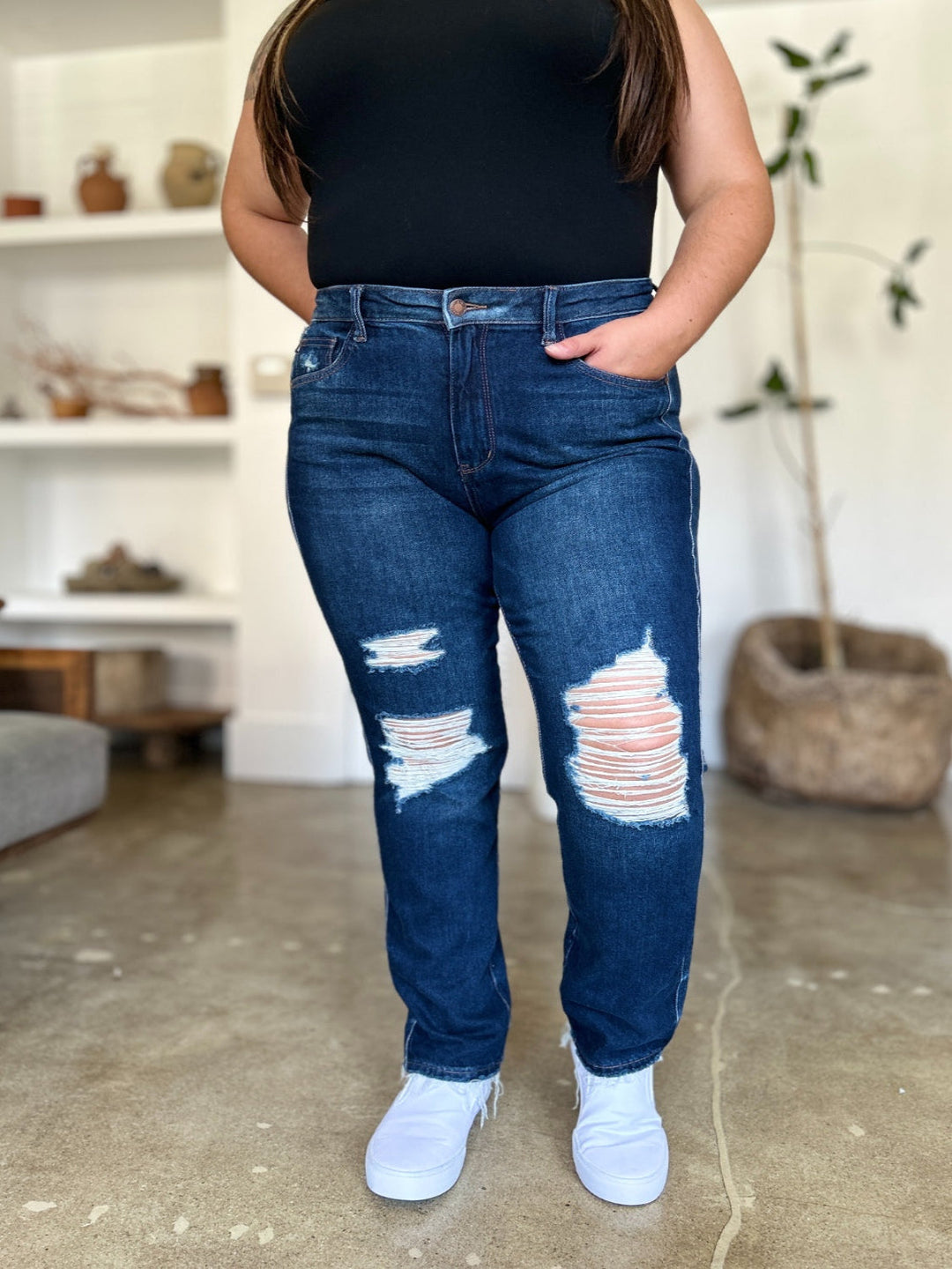 Levoire | Judy Blue Taille Haute Rigide Magic Heavy Destroy Jean Droit Bleu foncé