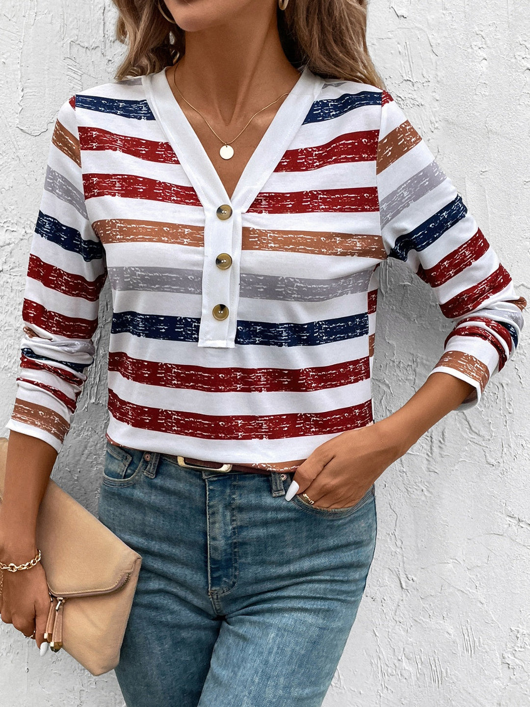 Levoire | T-shirt à manches longues V décolleté contrasté Rayures