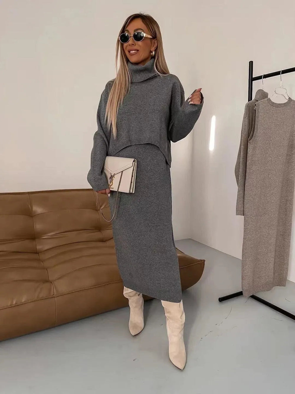 Levoire | 2 pièces de pull en laine mode d'hiver polo et robe maxi sans manches Gris