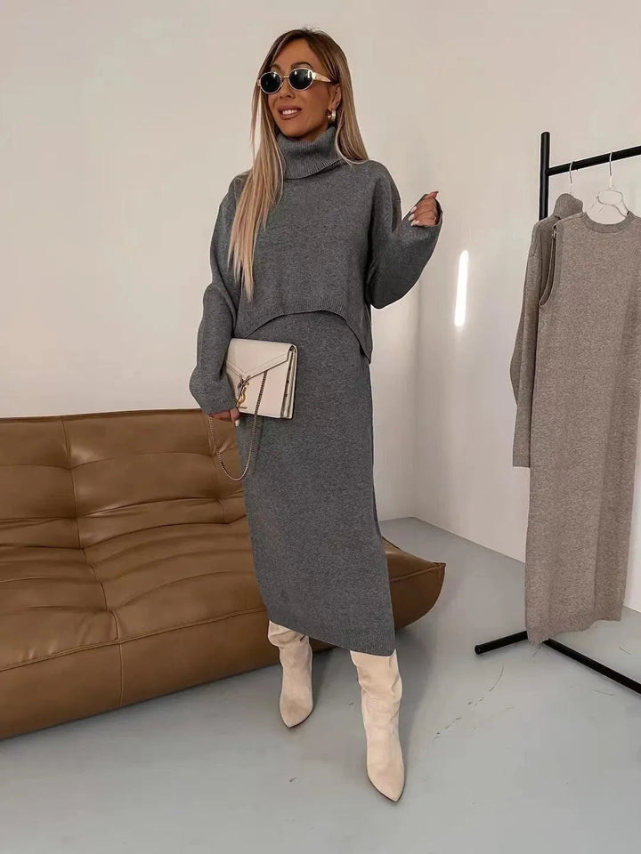 Levoire | 2 pièces de pull en laine mode d'hiver polo et robe maxi sans manches Gris