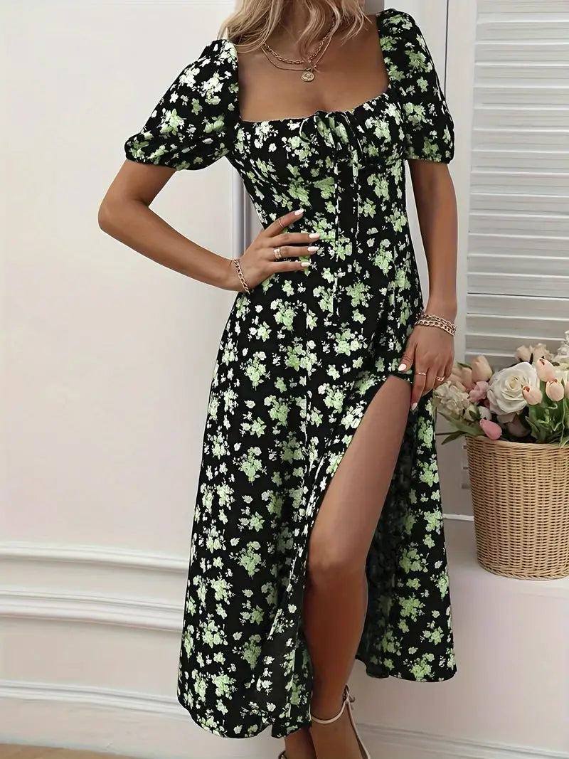 Levoire | Robe En A-Ligne Avec Imprimé Floral Et Manches Bouffantes Pour Le Printemps Et L'Été Fleur verte