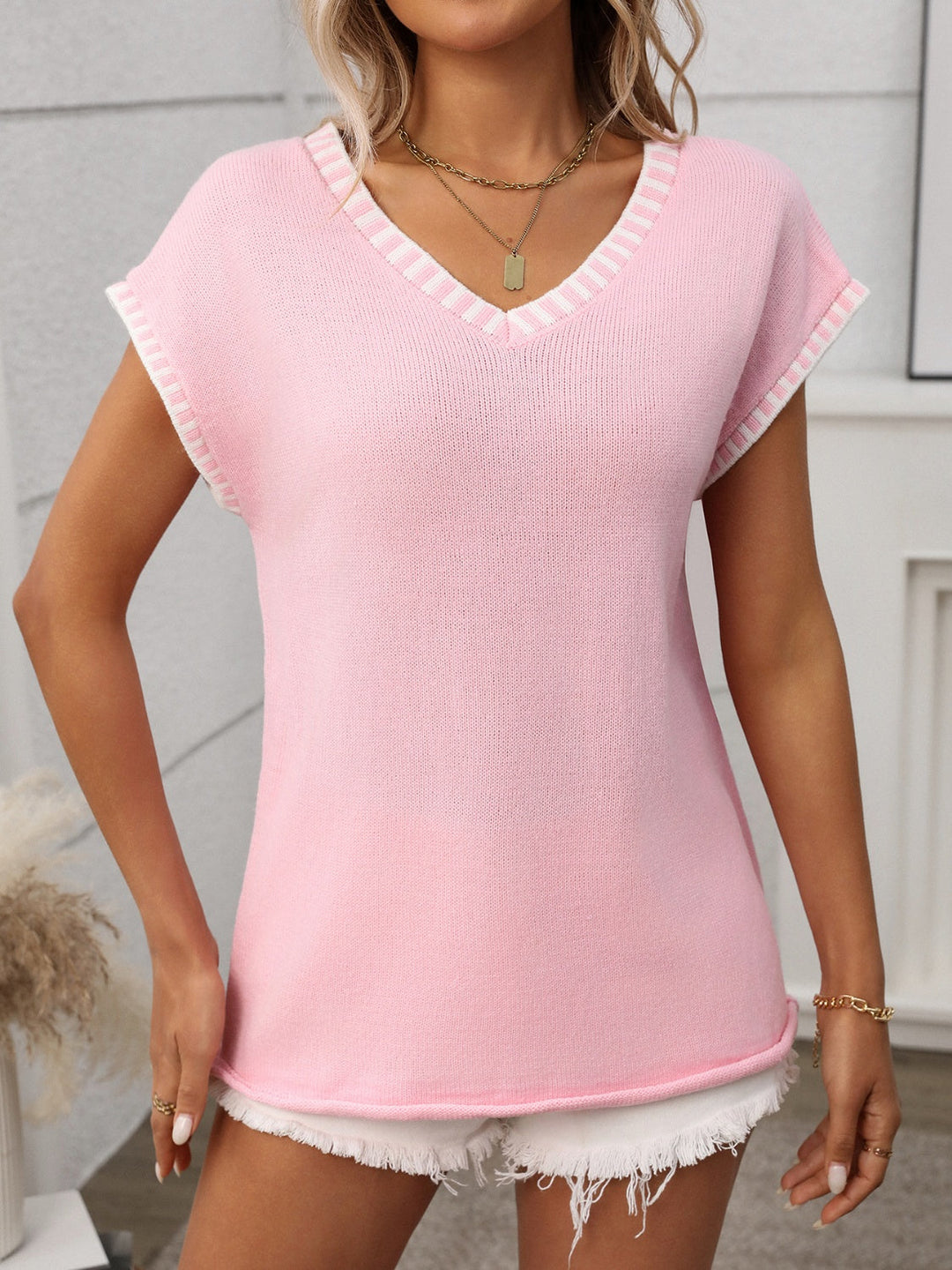 Levoire | Couleur Bord V Décolleté Manches Courtes Haut En Tricot Décontracté Chic