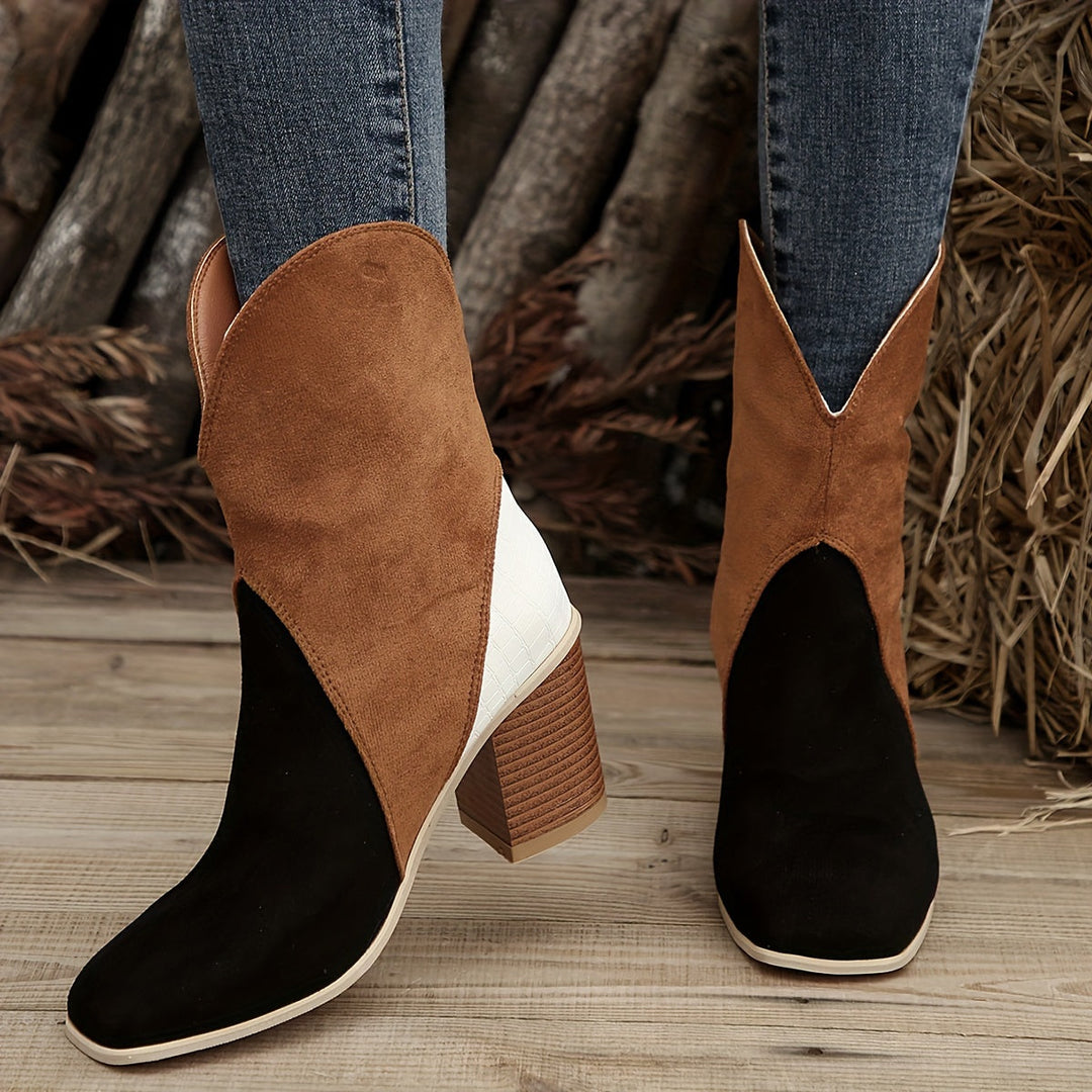 Levoire | Bottes Pour Femmes Brodées, Bout De Chaussure Carré, Talon Épais, Style Cowboy Facile À Enfiler En Velours Et En Denim Noir