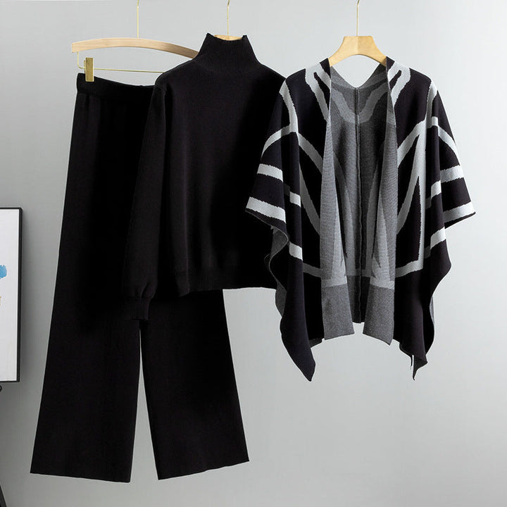 Levoire | Pull Tricoté Élégant Veste Pantalons Larges Noir une taille