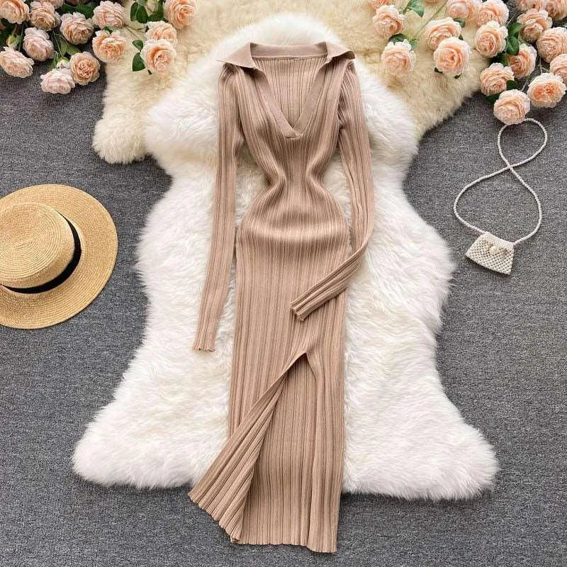 Levoire | Robe à manches longues en tricot extensible Khaki Une taille
