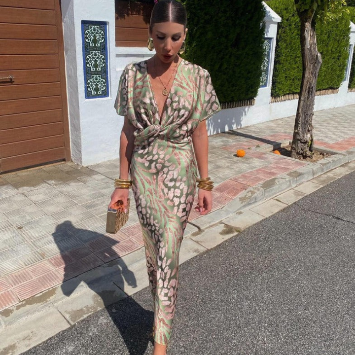 Levoire | Robe Satin Élégante Avec Motif Animalier Vert