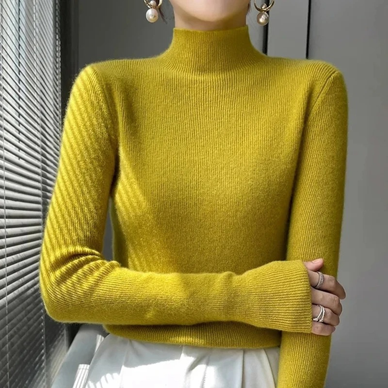 Levoire | Femme Haut Col Roulé Ribbitty Pull Doux Et Élégant Haut Col Roulé Femme Jaune