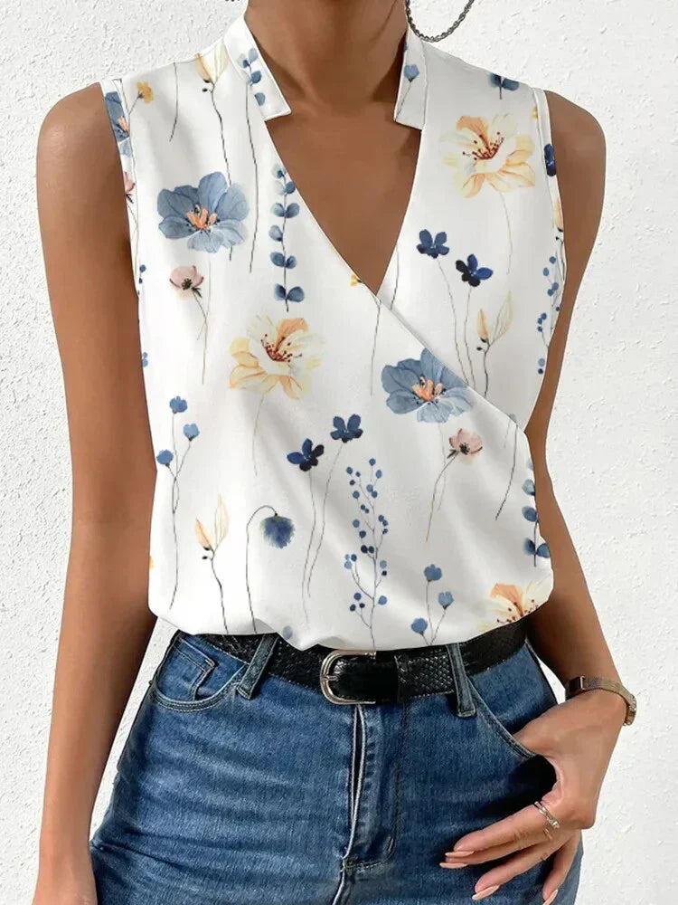 Levoire | Haut top sans manches élégant pour femmes d'été avec décolleté en V blouse décontractée pour femmes Blanc bleu