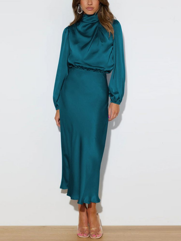 Levoire | Robe élégante pour femmes en satin avec des manches longues Bleu foncé