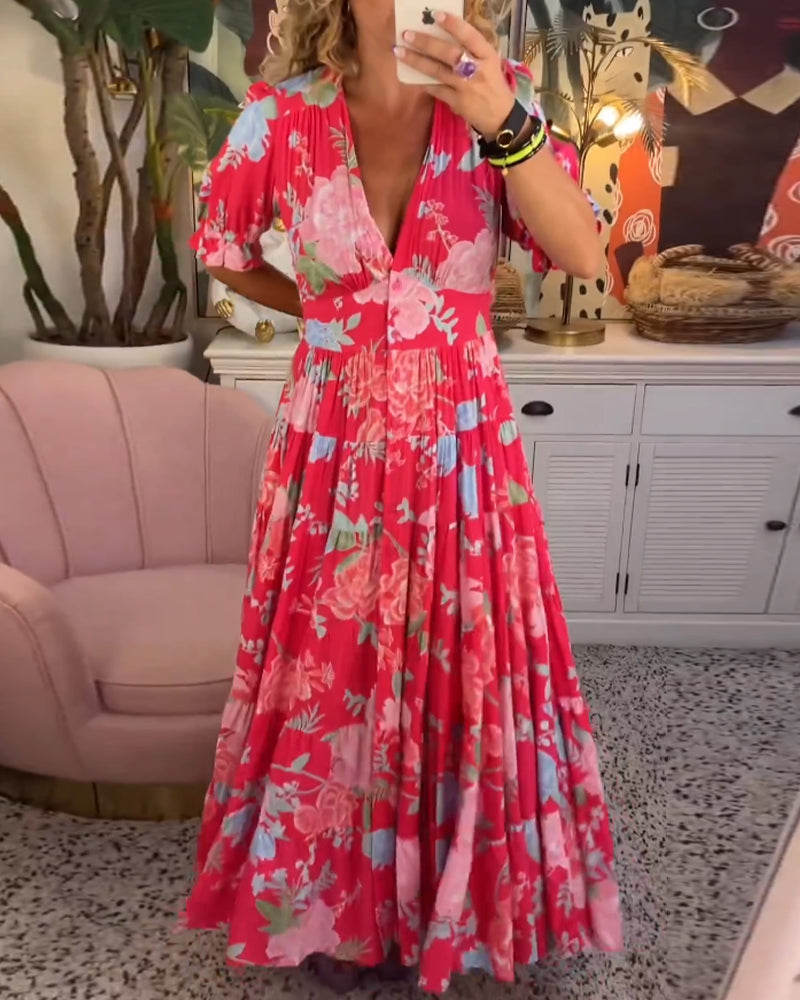 Levoire | Robe À Poches Imprimé Floral Décolleté En V Rot