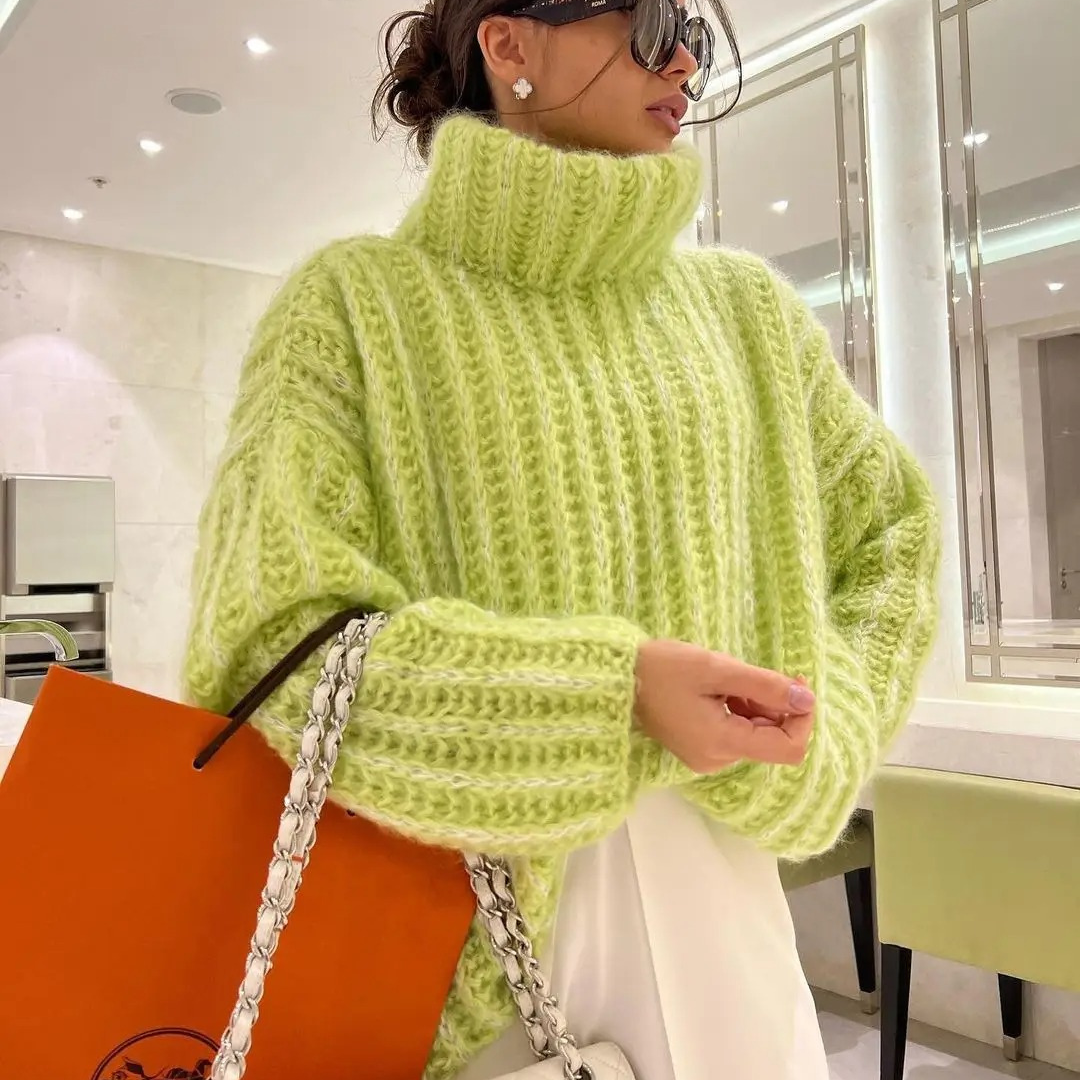 Levoire | Pull Col Roulé pour Femmes Tricoté Lourd Pull Long Confortable Pull Col Roulé pour Femmes Vert