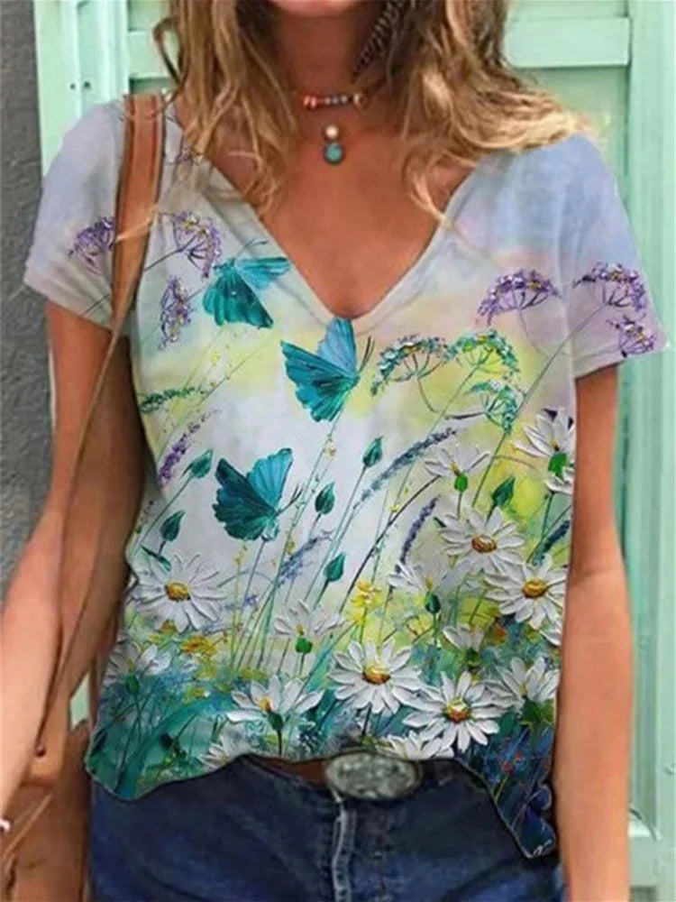 Levoire | T-shirt col V peinture d'art floral Bleu