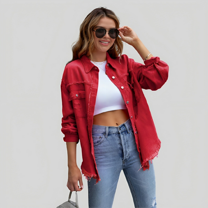 Levoire | Veste en jean frangée pour femmes tendance et confortable Rot