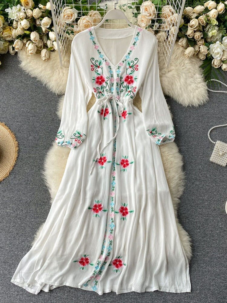 Levoire | Robe Longue À Col En V Brodée Une taille Blanc