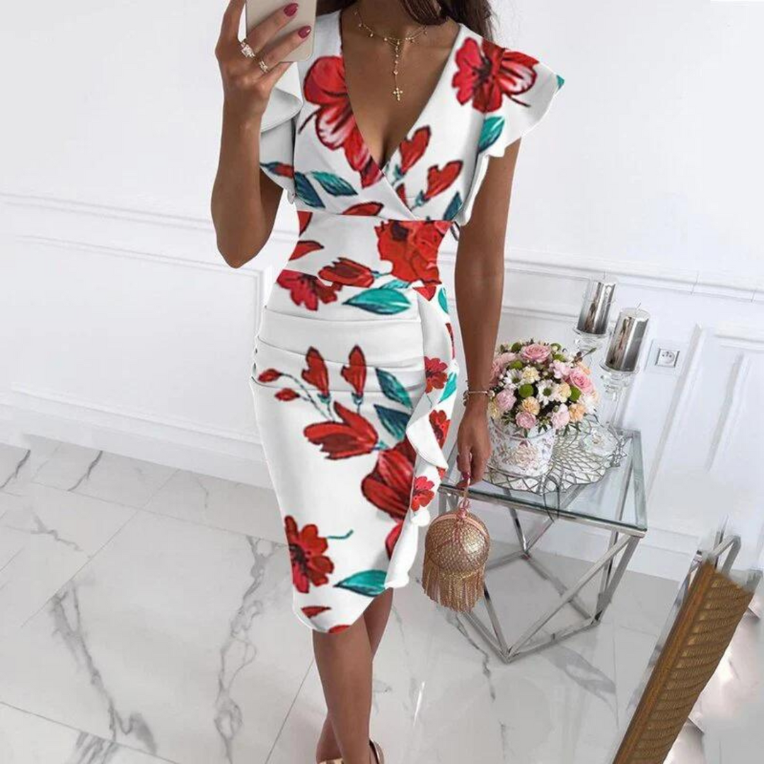 Levoire | Robe avec décolleté en V Blanche et Rouge