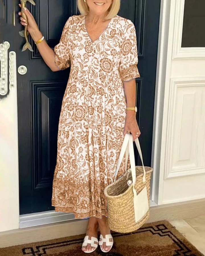 Levoire | Robe Maxi Boho Femme Avec Imprimé Floral Robe d'Été Femme Khaki