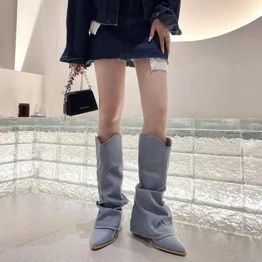 Levoire | Bottes Cowboy En Denim À Talon Haut