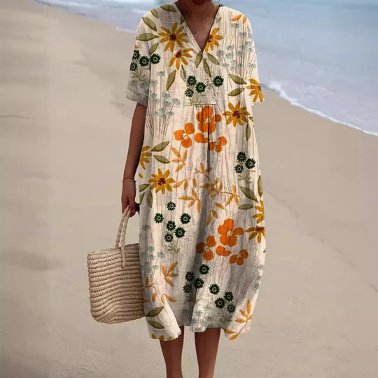 Levoire | Robe Midi Légère En Coton Impression Printemps & Été Orange