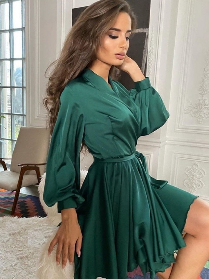 Levoire | Robe Mini Femme Élégante Robe Portefeuille À Manches Longues Pour Femmes Vert