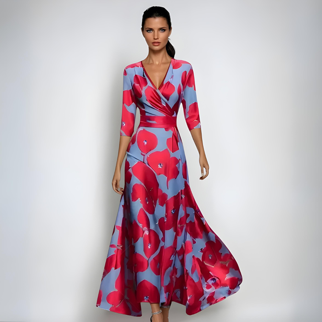 Levoire | Robe Maxi Avec Décolleté En V Et Imprimé Abstrait Éclatant Pour Femmes Rouge Bleu
