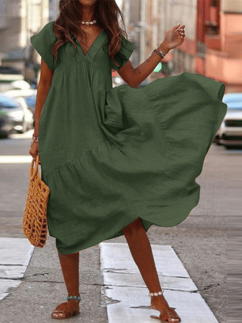 Levoire | Robe décontractée ample à col en V 100% coton pour femmes Armée verte