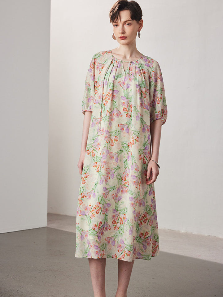 Robe en Soie Fleurie avec Manches Raglan