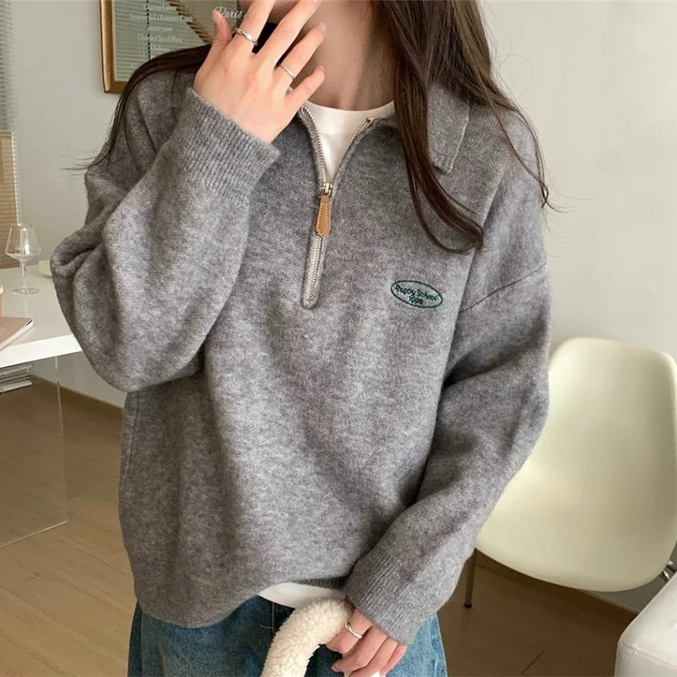 Levoire | Pull femme avec fermeture éclair, tricoté en biais et coupe confortable Gris